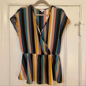 Colorful Rainbow Striped Blouse with Crossover V-Neck Peplum Fit